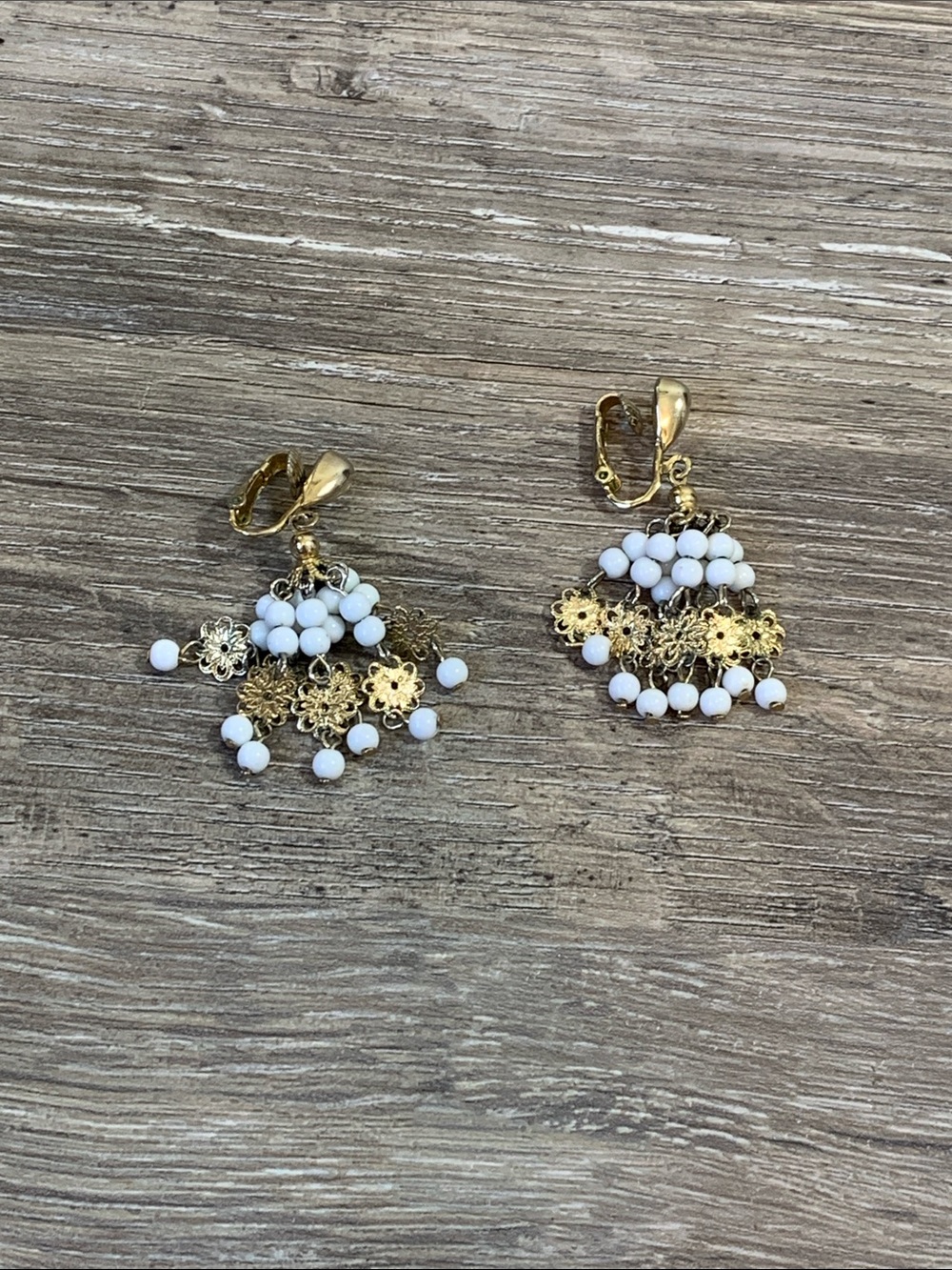 Vintage Gold Filigree Earrings with White Beads